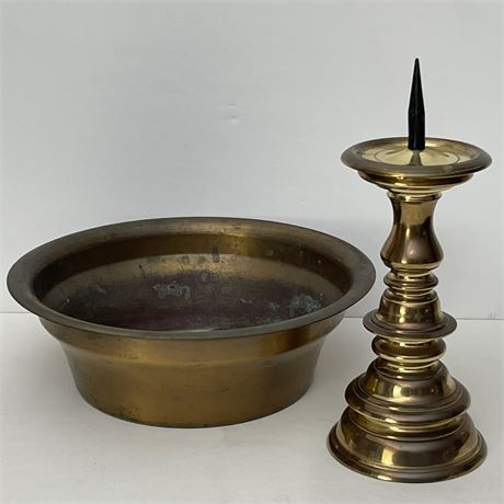 Antique Brass Pot and Brass Candlestick