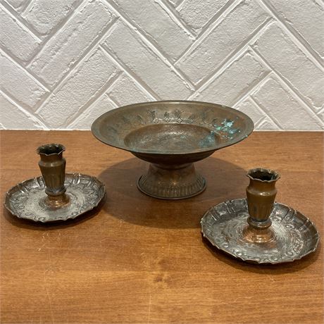 Vtg United Arab Republic Copper Fruit Bowl and Pair of Candlestick Holders