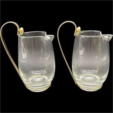 MCM Libbey Golden Metal Handled Clear Glass Pitchers