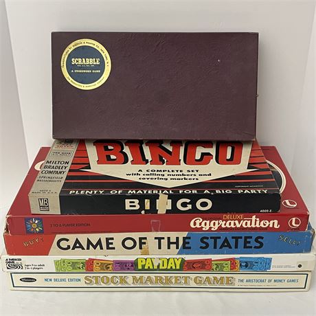 Vtg Scrabble, Bingo, Aggravation, Game of the States, Payday & Stock Market Game