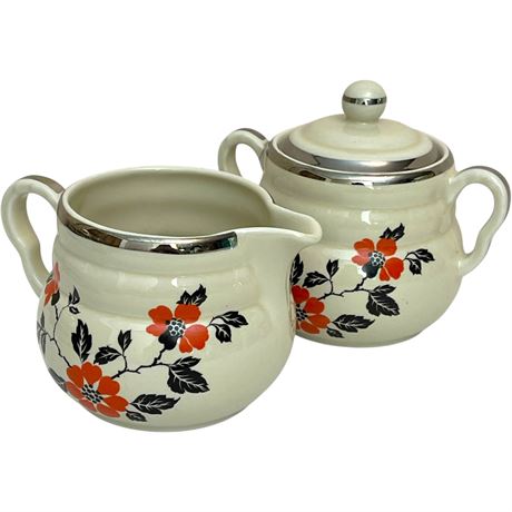Vtg Hall's Superior 'Red Poppy' Creamer and Lidded Sugar Dishes