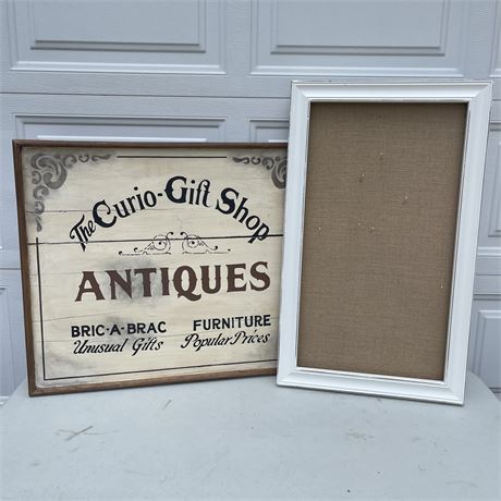 Nice Wooden "Antiques" Wall Hanging with Framed Burlap Message Board