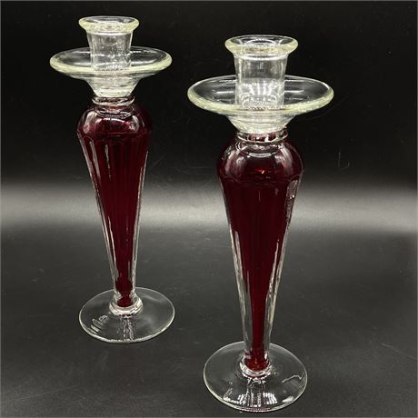 Pair of Ruby Red Ribbed Blown Glass Candlestick Holders