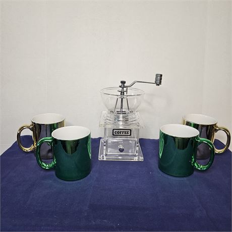 Coffee Grinder & 4 Coffee Mugs