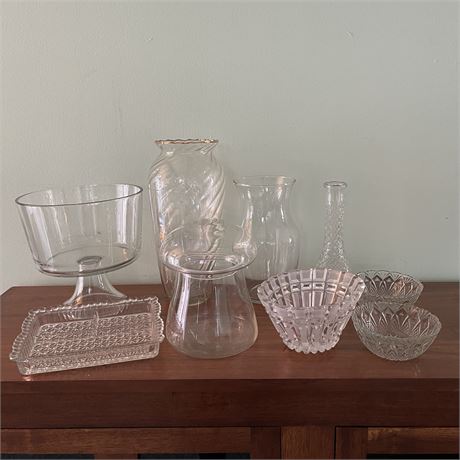 Clear Glass Serving Pieces with Vases