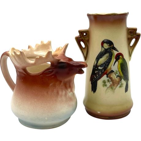 Vtg Czech Hand-Painted Ceramic Moose Pitcher & Handled Bird Motif Vase