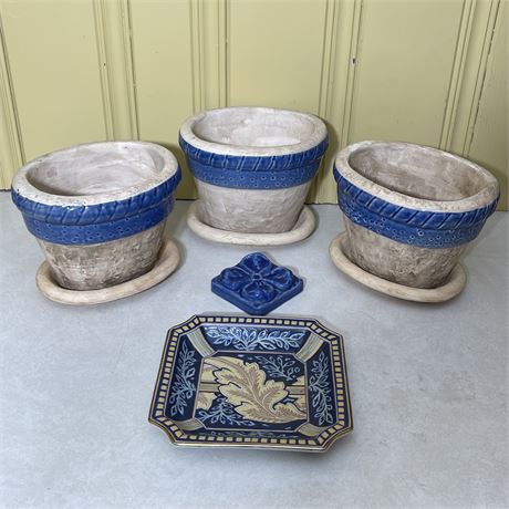 (3) Stoneware and Glazed Planters w/ Drip Trays, Ceramic Tray and Tile