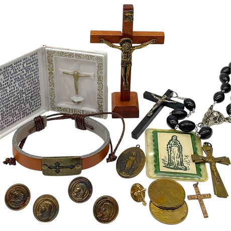 Antique Celluloid Prayer Case w/ Crucifix, Rosary, Bracelet, Pins & More