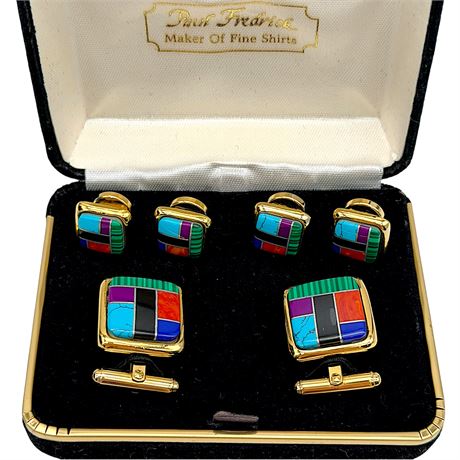 Paul Fredrick Multi Gemstone Inlay Cufflinks & Shirt Studs in Case