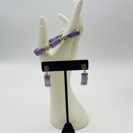 925 Sterling Silver Purple Jade / Chinese Symbol Link Bracelet & Earrings Set