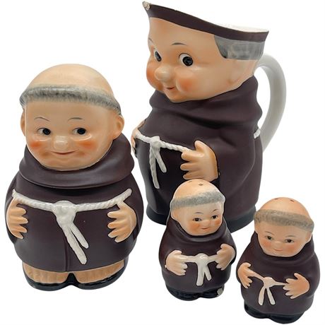 Vtg Goebel Monk / Friar Germany Ceramic Sugar, Creamer, Salt and Pepper Shakers