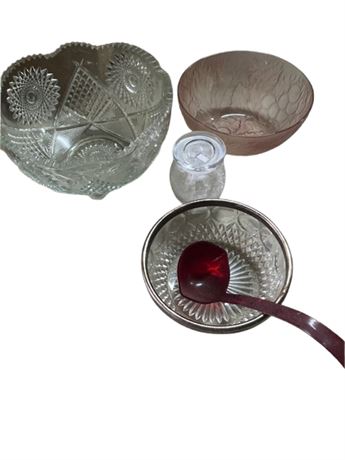Large glass/crystal bowls (3) and smaller glass container