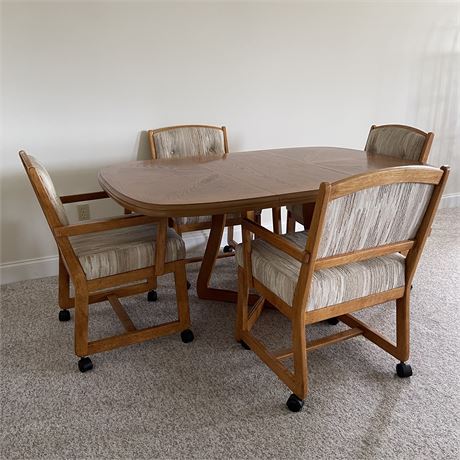 Midcentury Solid Wood Dining Table w/ (4) Rolling Tufted Upholstered Armchairs
