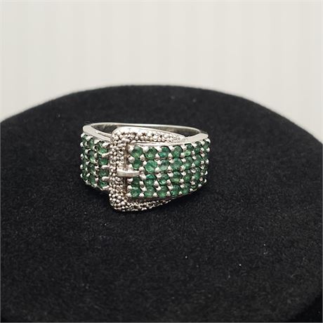 925 Sterling Silver Emerald Buckle Ring