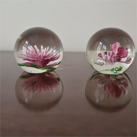 Chrysanthemum & Rose Peony Vintage Handblown Art Glass Paperweights