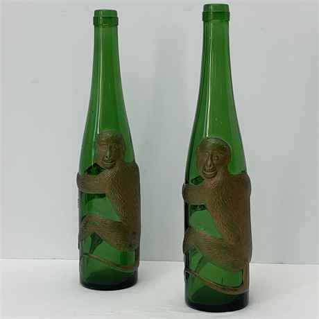 Two 14" German Green Bottles with Gold Monkeys