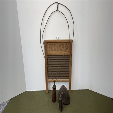 Primitive Busy Bee Hanging Washboard, Rug Beater and Sad Iron