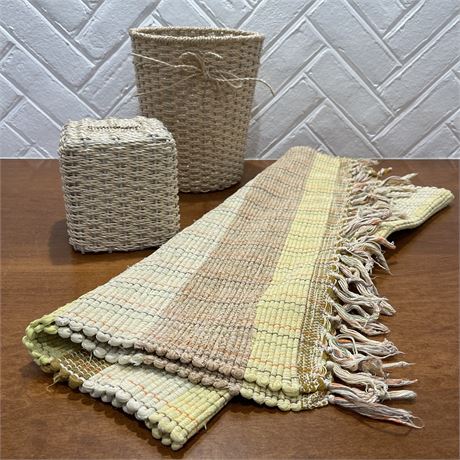 Earthtone Fringed Throw Rug with Wicker Tissue Box Cover and Trash Bin