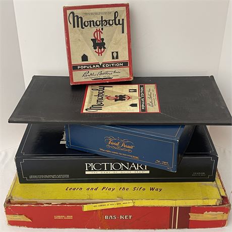 Vtg Monopoly, Trivia Pursuit, Pictionary, Bas-ket Games & Wooden Map Puzzle