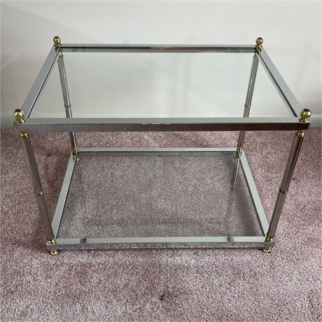 Mid-Century Maison Jansen Style Brass and Chrome Side Table w/ Glass Shelves