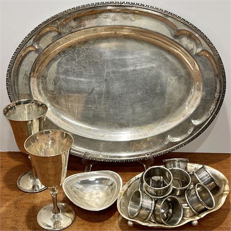 Large Silverplated Serving Tray, Goblets, 12 Napkin Rings, and Nut Trays