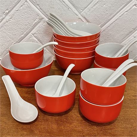 24pc Set of Vtg Oriental Porcelain Orange Soup & Sauce Bowls w/ Spoons