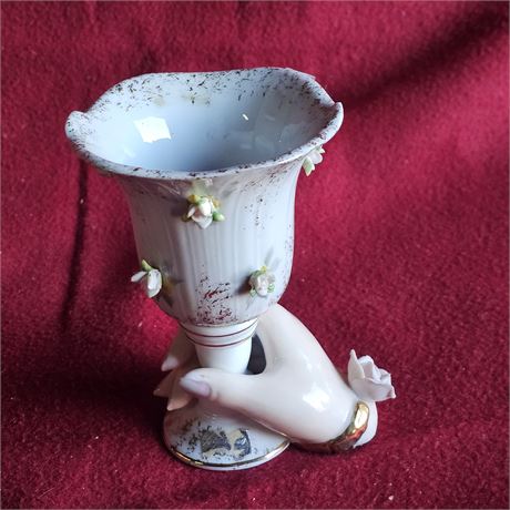 Vintage Lefton China Porcelain Lady's Hand Holding Goblet Vase Rose Jewelry