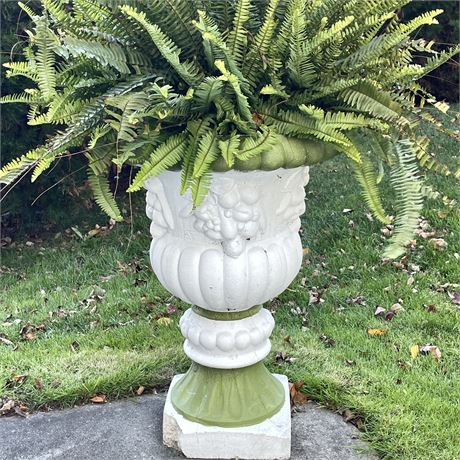 Vtg Italian Concrete Hand-Painted Urn Planter w/ Boston Fern