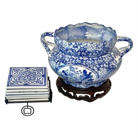 Oriental Chinoiserie Handled Jardiniere on Stand w/ 6 Bombay Coasters in Holder