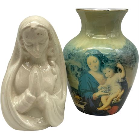 Vintage Haeger Pottery Praying Madonna Planter & Vase of Religious Artwork