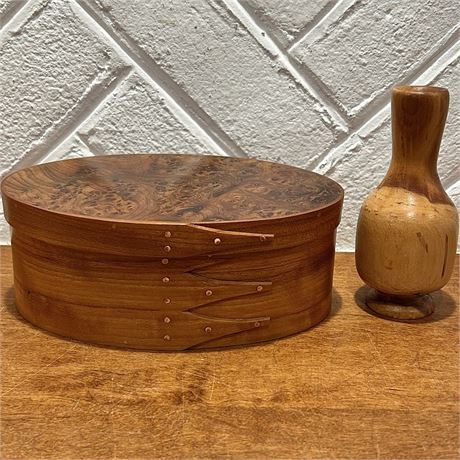 Hand Crafted Wooden Lidded Box & Signed Wooden Vase