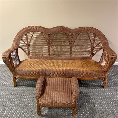 Wicker Sofa with Wicker Footstool and Cushions