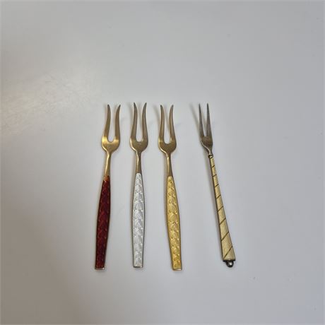 Vtg .925 Scandinavian Sterling Guilloché Enamel Cocktail Forks Set of Four