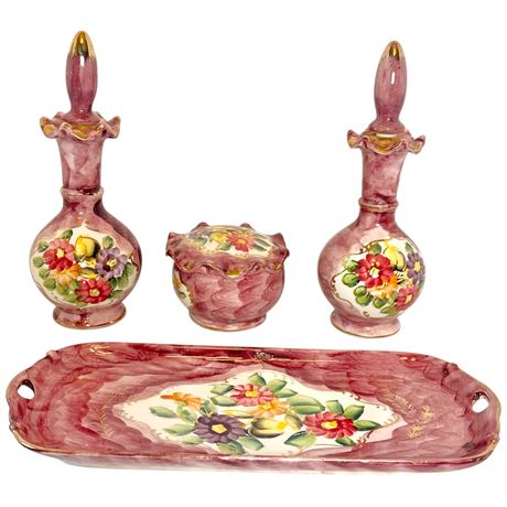 Vintage Ladies Vanity Set with Powder Jar & Perfume Bottles w/ Stoppers on Tray