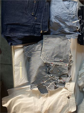 2 pair blue jeans (size 10) 1 striped overalls (34” around under arms/29” crotch
