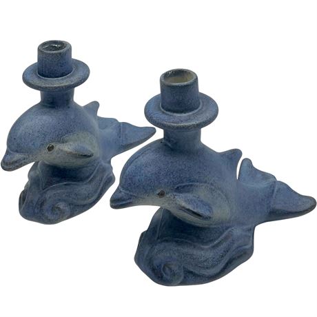 Pair of Vtg North Eagle Pottery Dolphin Candle Stick Holders - Signed