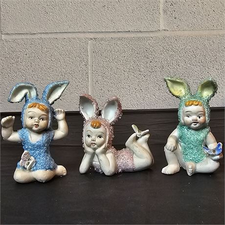 Rare 1940's Sugared Bunny Girls w/Butterflies Set of 3
