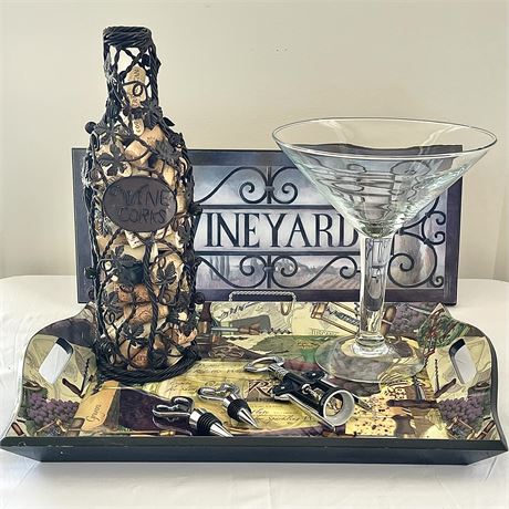 Decorative Wine Trays, Corks Holder, Large Martini Glass, Corkscrew & Stoppers