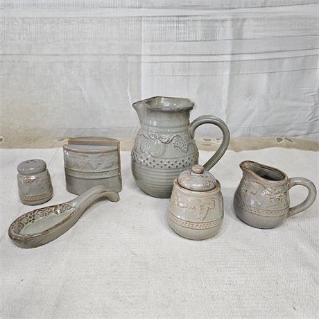 Ironstone Pottery-Pitcher, Sugar/Creamer, Napkin Holder, Spoon Rest & Shaker