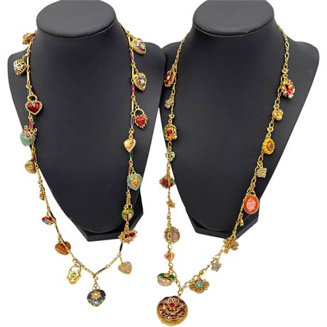 Vtg Joan Rivers Gold-Toned Enamel Charm Necklaces (One w/ Locket Pendant)