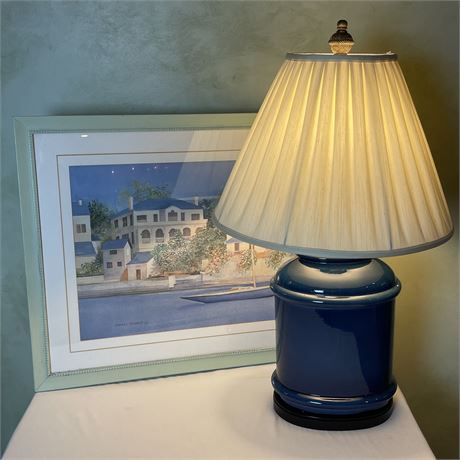 Blue Ceramic Table Lamp with Framed Print