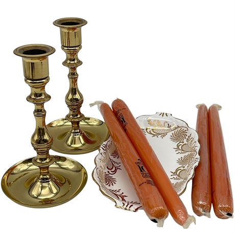 Pair of Brass Candlestick Holders, Queen Anne Bone China Tray & Taper Candles