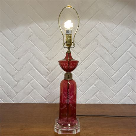 Vtg Bohemian Cranberry Clear-To-Cut Crystal Table Lamp