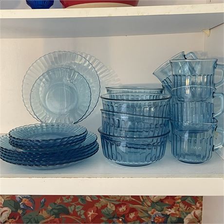Vtg Fortecrisa Azure Blue Depression Glass Dinnerware - 31 total pcs (1 missing)