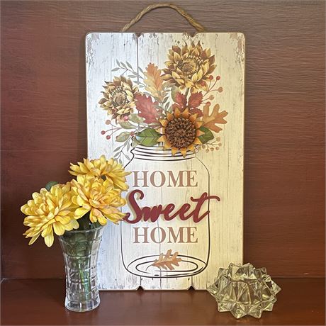 Hanging Faux Wood Sign w/ Artificial Flowers in Vase & Votive Holder