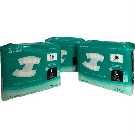 (3) Sealed 15 ct. Packages of L Unisex Adult Briefs