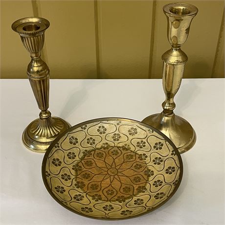 Solid Brass India Footed Dish and Candlesticks