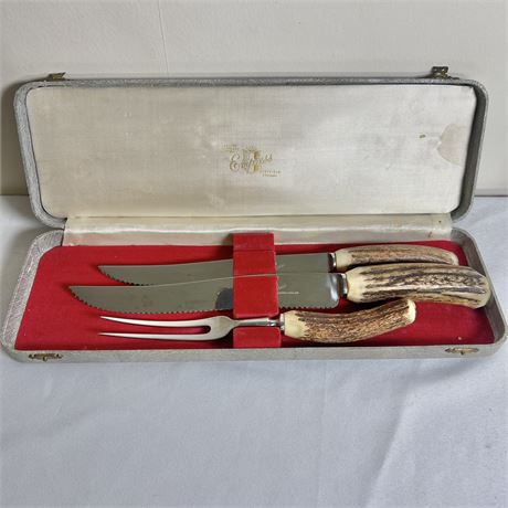 Empress Sheffield 3pc Antler Handle Carving Set in Original Case