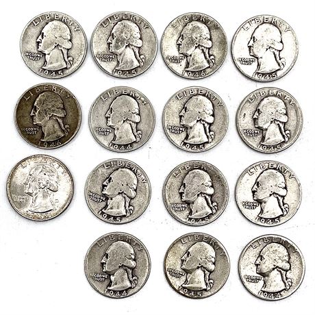 (15) 1944-1946 "Mainly D" Silver Quarter Coins