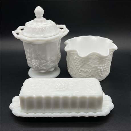 Westmoreland Milk Glass Lidded Jam Jar, Butter Dish and Ruffled Bowl
